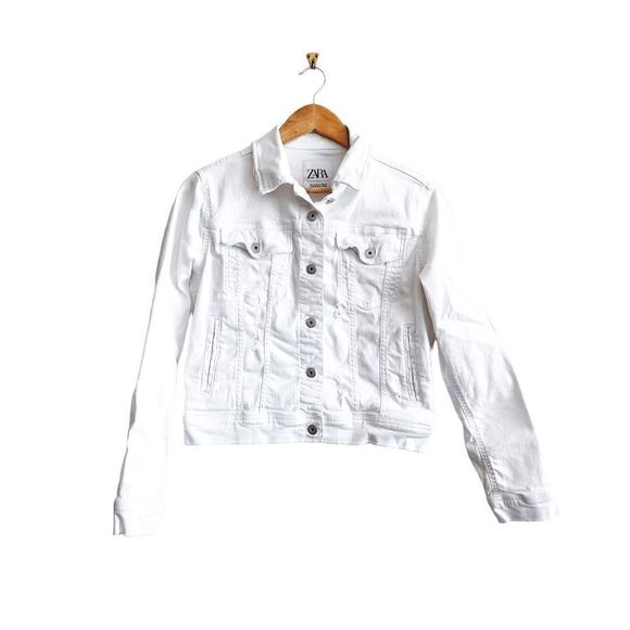 ZARA Womens Jean Jacket Cropped Button Distressed Denim White Medium - Picture 1 of 7